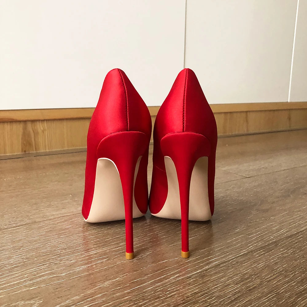 Futurecen Crystal Decor Women Red Satin Pointed Toe Stiletto Pumps 8-12cm High Heel Wedding Bridal Shoes Colors Customizable