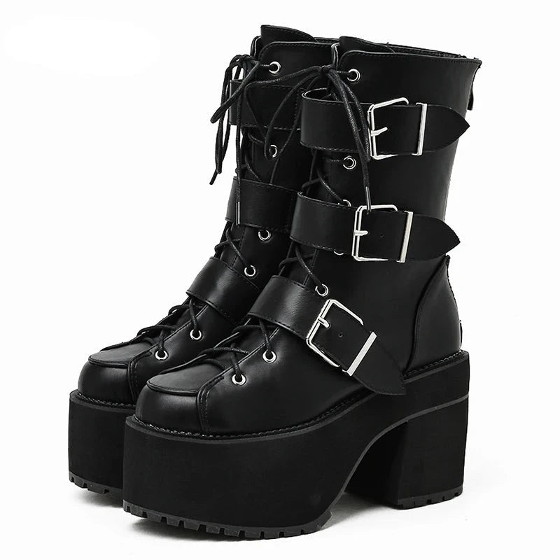 Futurecen  High Quality Japanese Harajuku Gothic Cosplay Boots Women Thick Platform Ankle Buckle Strap Lace Up Calf Boots Back Zip