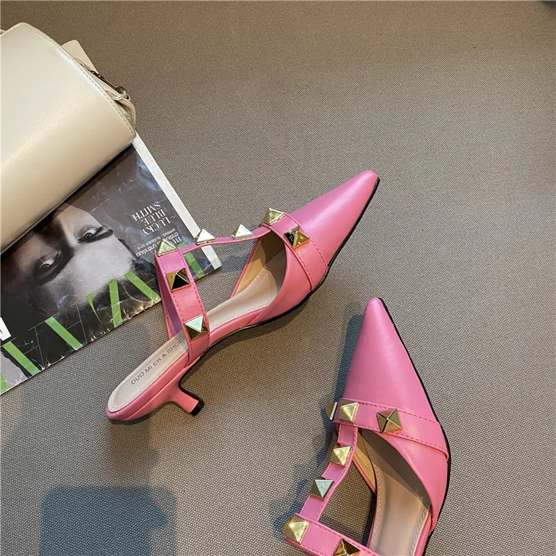 Futurecen  New Rivet Pointed Thin Heel Baotou Half Slipper Female Middle Heel Shallow Mouth Lazy Mueller Shoes