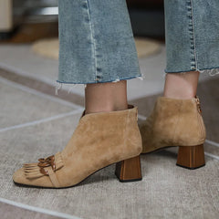 Autumn Ladies Sheep Suede Fringe Ankle Boots Zip Chunky High Heel Square Toe Chain Tassel Boots Fashion Women Modern Boots