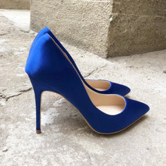 Futurecen Royal Blue Women Silk Satin Stilettos High Heels Elegant Ladies Fashion Pointed Toe Slip-on Pumps Party Dress Shoes