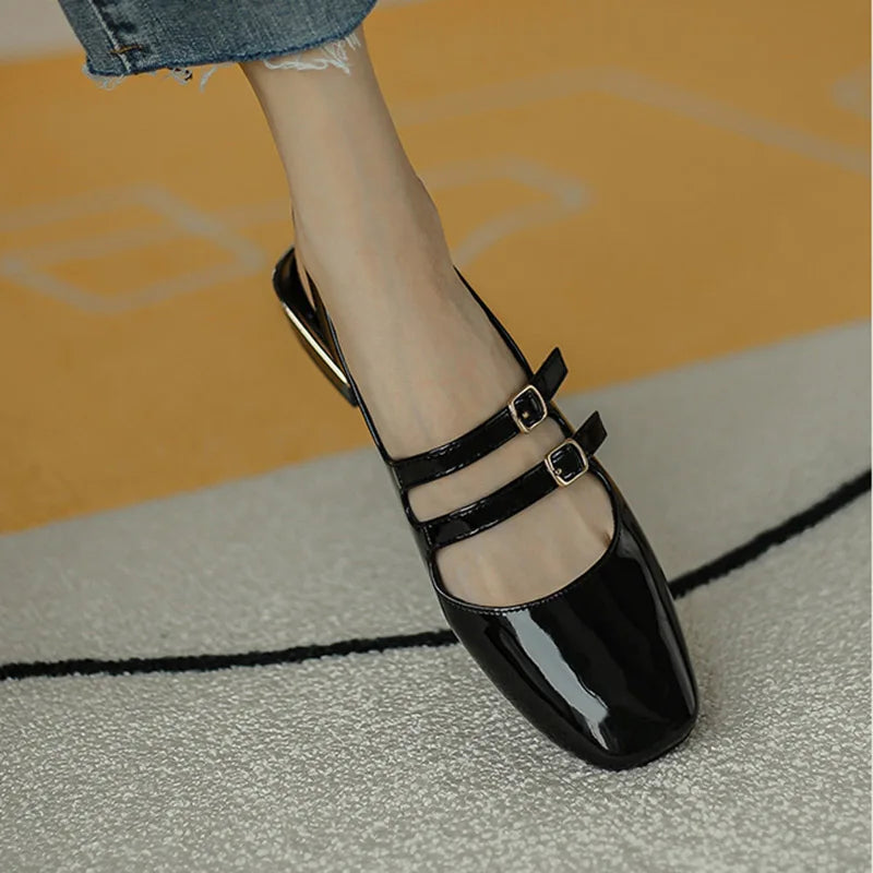 Futurecen Women Sandals Summer Shoes Woman Flats Double Buckle Mary Janes Shoes Patent Leather Dress Shoes Back Strap Zapatos