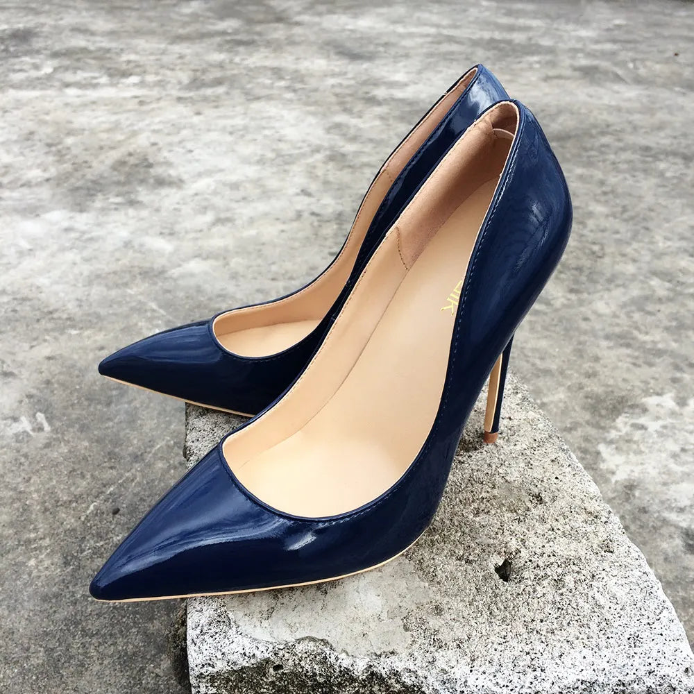 Futurecen Italian Style Women Pointed Toe High Heels Gloss Patent Leather Stilettos Ladies Solid Color Pumps Shoes Navy Blue