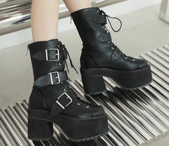 Futurecen  High Quality Japanese Harajuku Gothic Cosplay Boots Women Thick Platform Ankle Buckle Strap Lace Up Calf Boots Back Zip