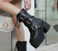 Futurecen  High Quality Japanese Harajuku Gothic Cosplay Boots Women Thick Platform Ankle Buckle Strap Lace Up Calf Boots Back Zip