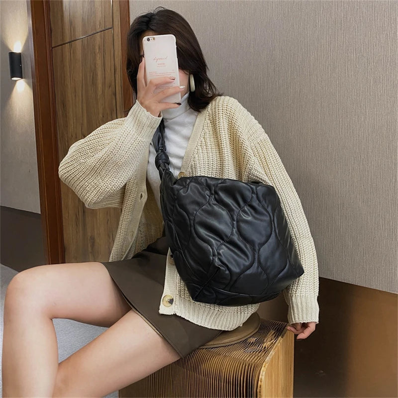 Futurecen  Winter New Women Shoulder Bags Down Feather Padded Big Crossbody Hobo Bag Cotton Leather Female Large Capacity Shopper Tote