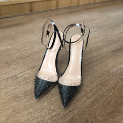 Futurecen Ankle Buckles Women PVC Tranparent Pointed Toe Slingback Stiletto Pumps Summer Rhinestones Sexy High Heel Sandals Shoes