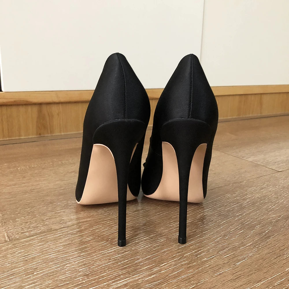 Futurecen Rhinestones Bow Women Solid Black Satin Pointy Toe Stiletto Pumps Elegant Ladies High Heel Dress Shoes 8cm 10cm 12cm