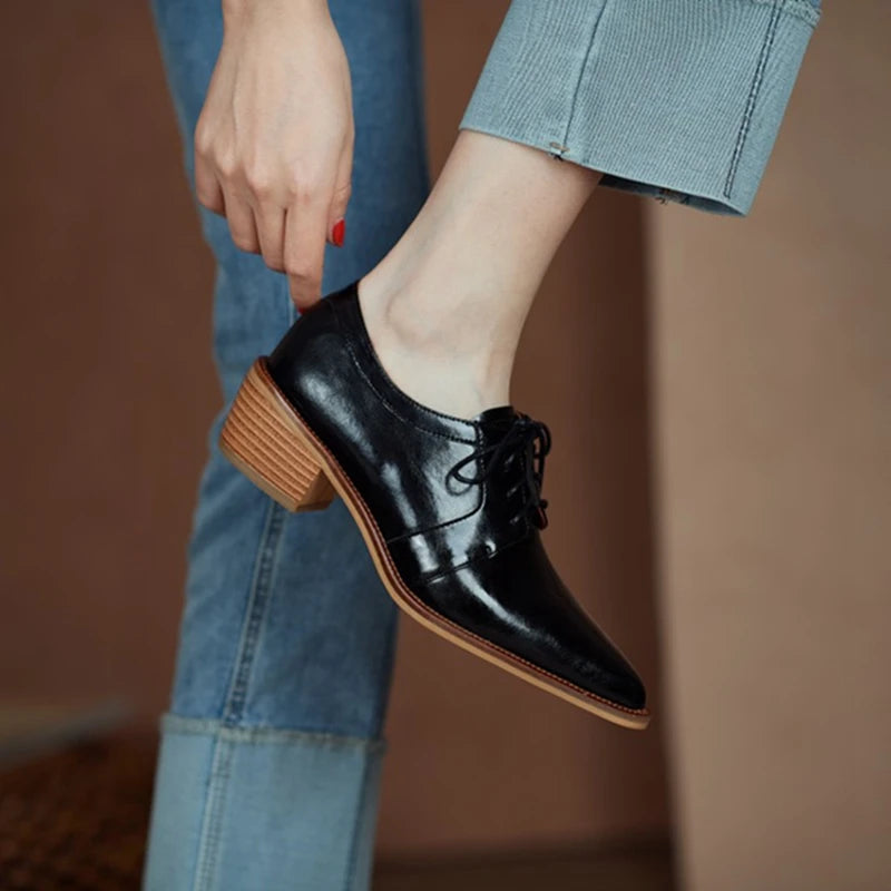 Futurecen  -  Spring/Autumn Women Shoes Split Leather Oxfords for Women Pointed Toe Chunky Heel Women Pumps Sexy Ladies Shoes Black Shoes