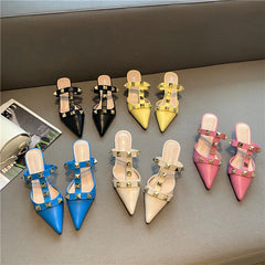 Futurecen  New Rivet Pointed Thin Heel Baotou Half Slipper Female Middle Heel Shallow Mouth Lazy Mueller Shoes