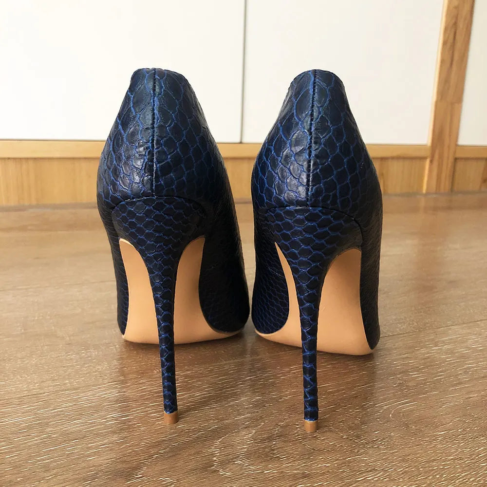 Futurecen Sexy Women Snakeskin Embossed Extremely High Heel Party Shoes Italian Style Navy Blue Fashion Ladies Stilettos Pumps