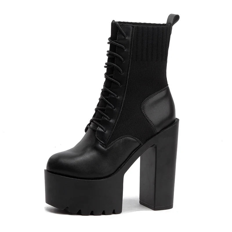 Futurecen   New Fetish Platform Boots Woman Sexy Chunky Heel Front Lace Up Sock Boots Women Ankle Boots Thick Heel Shoe Black Design