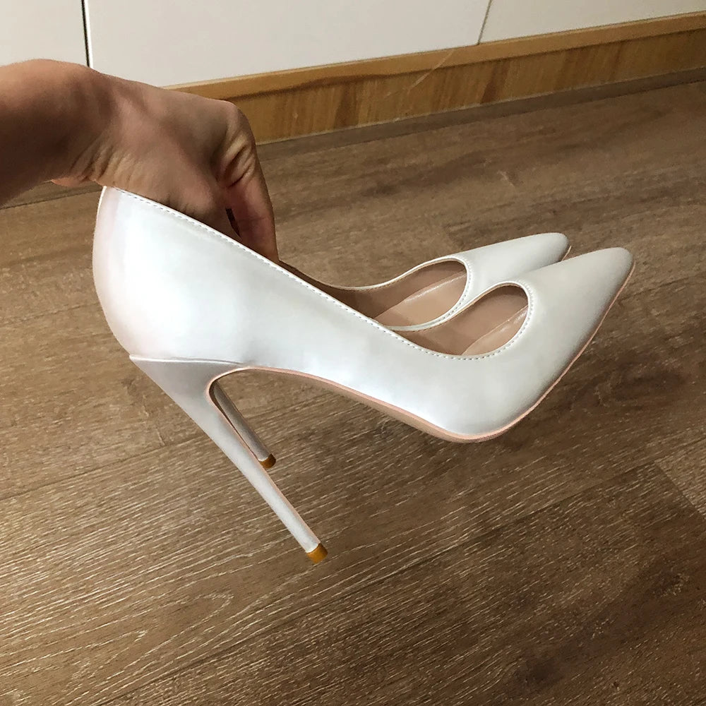 Futurecen Solid White Satin Women Pointed Toe Slip On Stiletto Pumps Elegant Wedding Party High Heel Shoes Colors Customizable