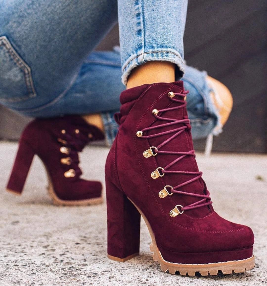 Non Slip Chunky Platform High Heels Lace Up Ankle Boots