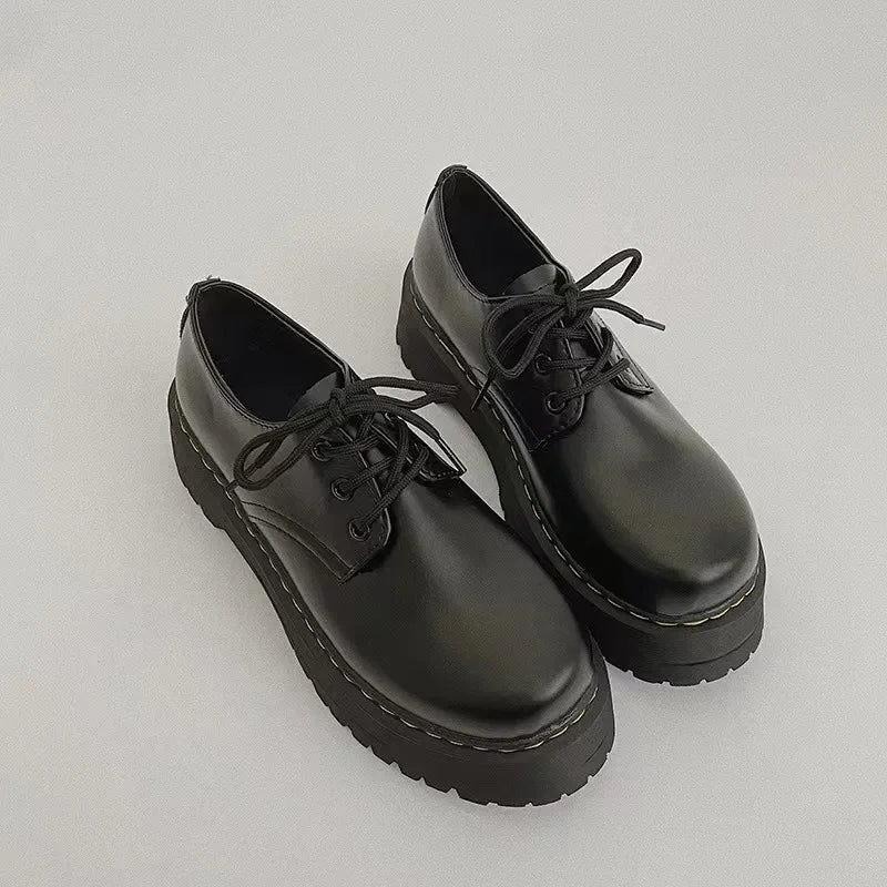 Futurecen  -  Black Platform Mary Jane Shoes Lace Up Round Toe Casual Small Leather Shoes Summer Loafers New Versatile Kawaii Women Shoes