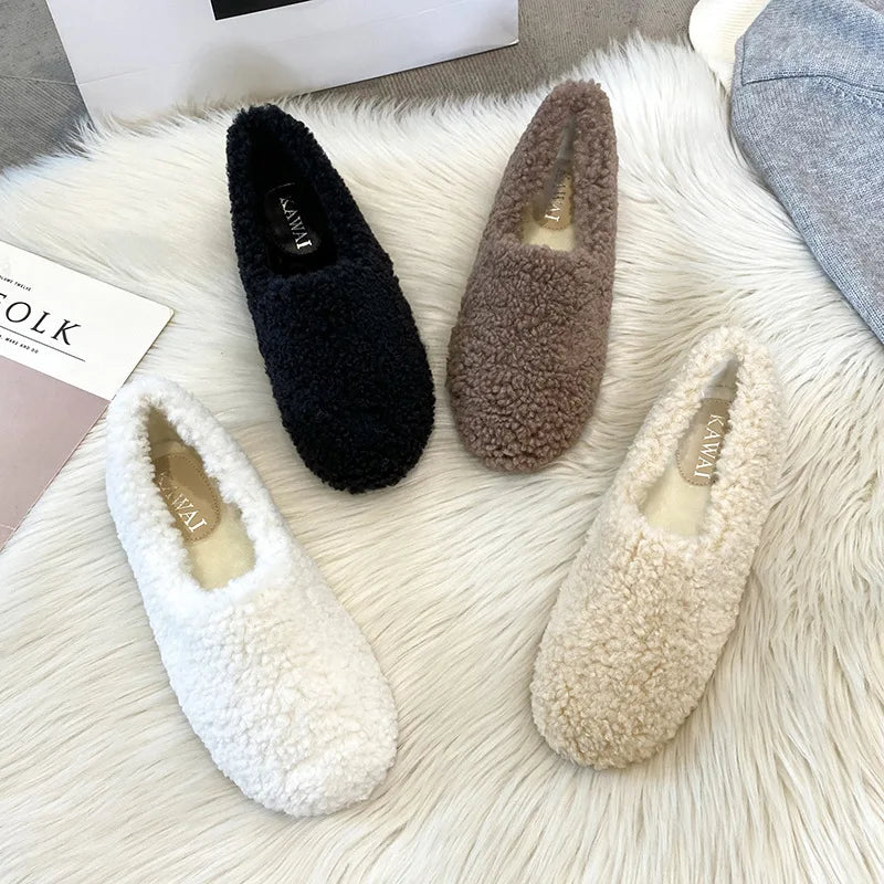 Futurecen  -  Plus Size 34-43 White Lambswool Loafers Woman Winter Cotton Shoes Warm Plush Mocasines Mujer Ladies Daily Sheep Fur Flats