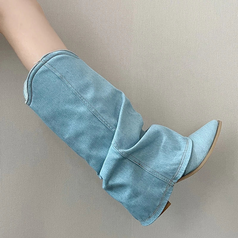 Futurecen Retro Style Women Western Cowboy Boots Fashion Slip On Thick Heel Long Booties Autumn Winter Female Denim Shoes