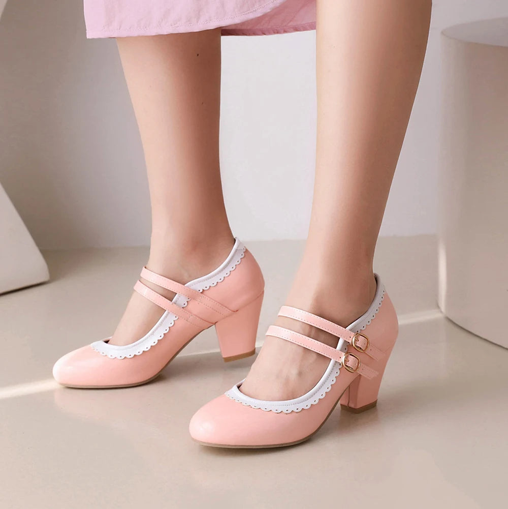 Futurecen Candy Color Lolita Mary Janes Women High Heels Shoes Sweet Ruffles Dress Party Wedding Shoes Bridal Princess Plus Size 32-42