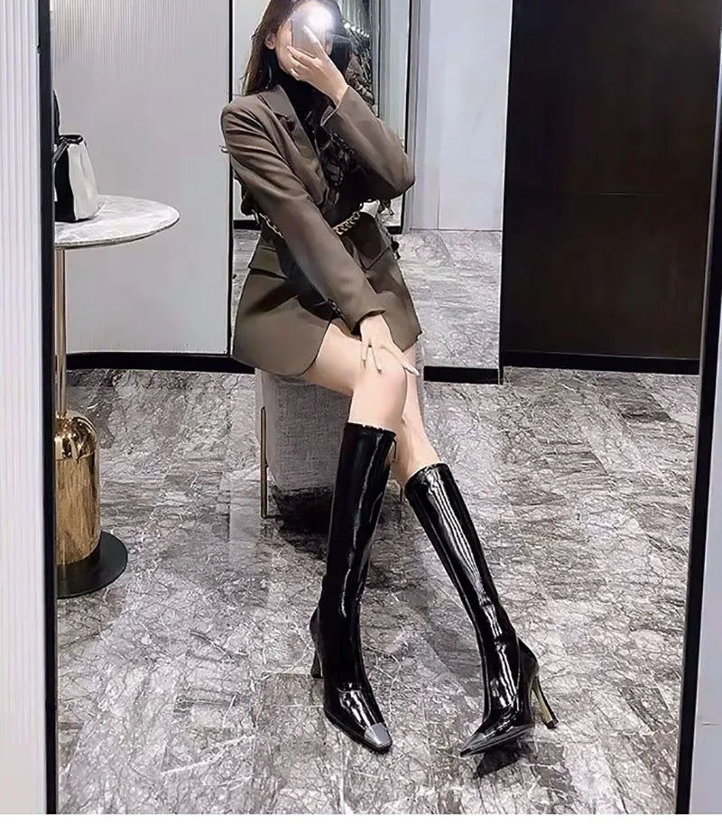 Futurecen Winter Women High Heel Knee-High-Boots Sexy Pointed Toe Long Booties Shoes Party Dress Ladies Shoes