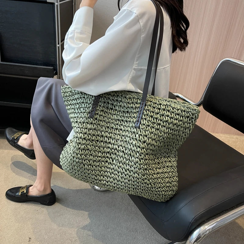 Futurecen Luxury Design Straw Woven Tote Bags For Women Large Capacity Shoulder Beach Bag Pure Color Summer New Big Shopping Handbag