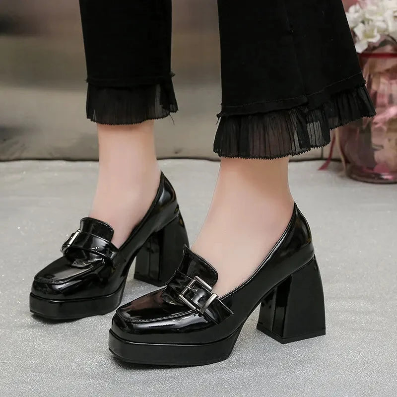 heels lolita shoes Chunky Platform shoes Loafers Heel Patent Leather Slip On Casual Shoes Women Lady Office Shoes black Heels