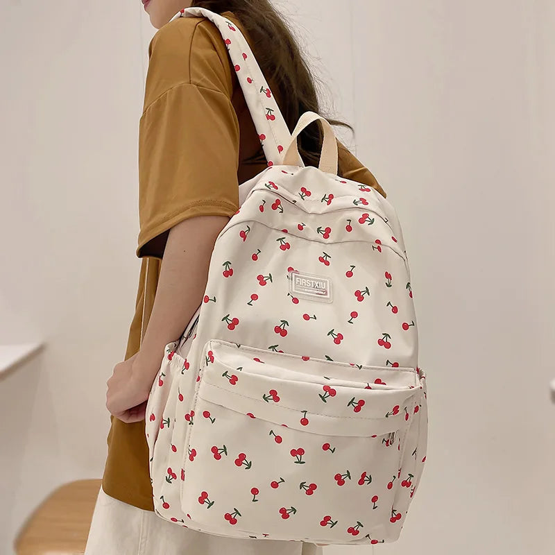 Futurecen Women Trendy Print School Bag Female Laptop College Backpack Fashion Lady Kawaii Bag New Girl Cherry Floral Travel Book Backpack