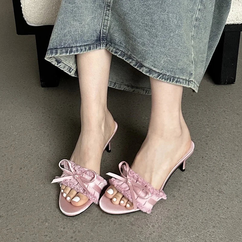 Futurecen Summer Silk Pleated Butterfly-knot Woman Slippers Fashion Thin Heels Party Stripper Ladies Mules Slides Zapatos Mujer