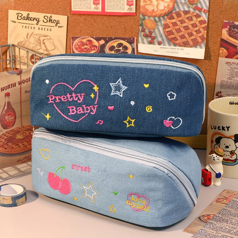 Futurecen  -  Denim Blue Pencil Case Estuches Escolares Stationery Pencil Cases For Girls Large Capacity School Supplies Kalemlik Pencil Pouch