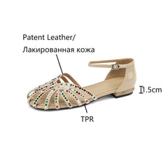 Futurecen  -  NEW Summer Women Sandals Patent Leather Shoes for Women Roend Toe Low Heel Women Shoes Cover Toe Sandals Rhinestone Hollow Shoes