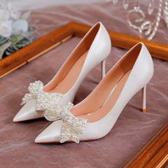 Luxury Pearl Bowknot Wedding Pumps Women Sexy Stiletto Heels Party Shoes Woman Silk Pointed Toe Rhonestone Pumps Ladies