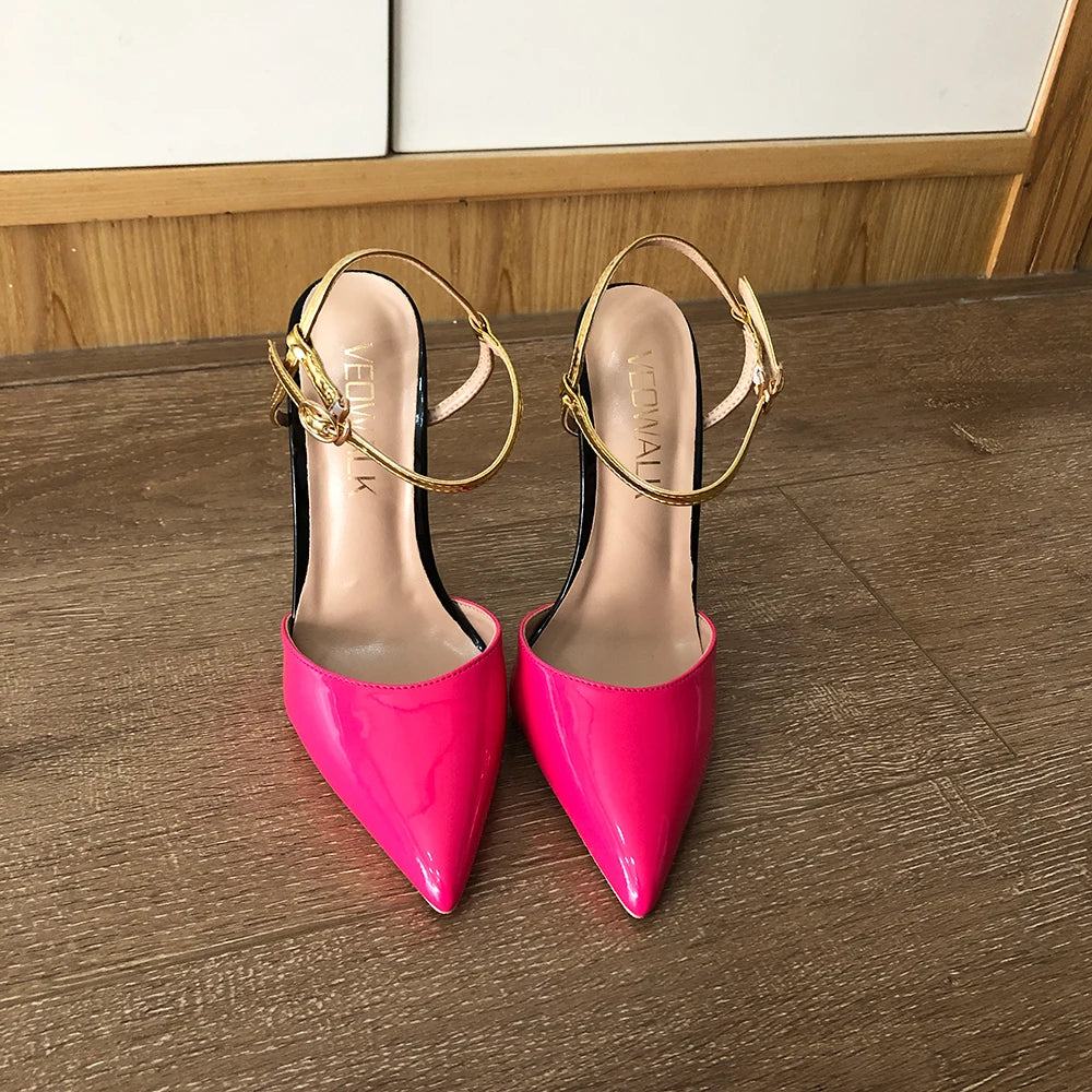 Futurecen  Glossy Fusion Pink Women Ankle Buckles Close Toe Backless Stiletto Sandals 8cm 10cm 12cm High Heels Sexy Ladies Pumps