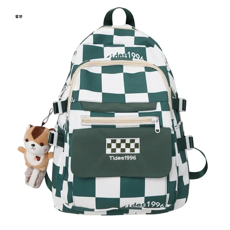 Futurecen Casual Backpack for Students Checkerboard Plaid Schoolbag for Female Junior High School Large-capacity Design Multi-pocket