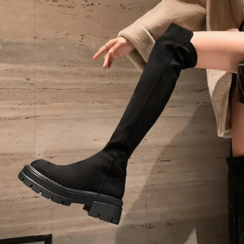 Futurecen  -  Women Temperament Long Boots New Knee High Simplicity Shoes Autumn Winter Platform Suede Knight Boots Designer Fashionable