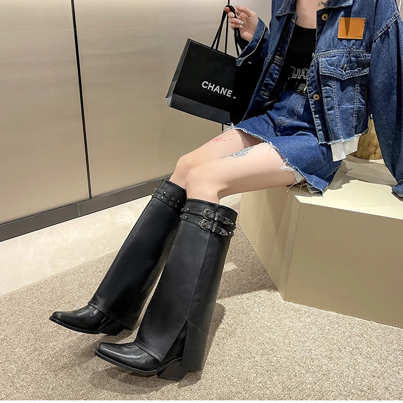 Futurecen Winter Women Cowboy Boots Fashion Slip On Belt Buckle Ladies Elegant Long Pipe Boots Casual Thick Heel Women's Boot