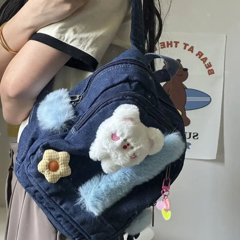 Futurecen  -  fancy bags White Bear Cute Backpack For Girls Fashion Denim Mini School Bag Design Y2k Fur Backpacks Preppy Style Kawaii Japanese Schoolbag