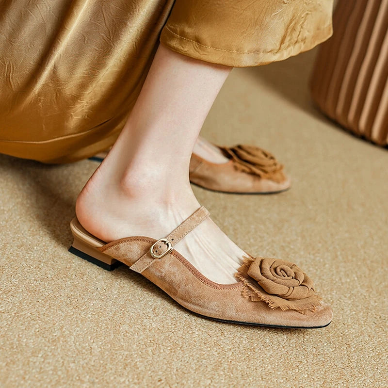 Futurecen  -  NEW Summer Women Mules Sheep Suede Leather Shoes for Women Square Toe Low Heel Slippers Cover Toe Slingback Flower Green Sandals