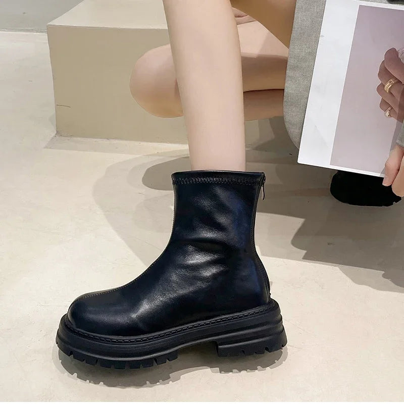 Futurecen Autumn Chunky Women Chelsea Boots Fashion Back Zippers Thick Heel Short Booties Retro Style Street Style Female Shoes