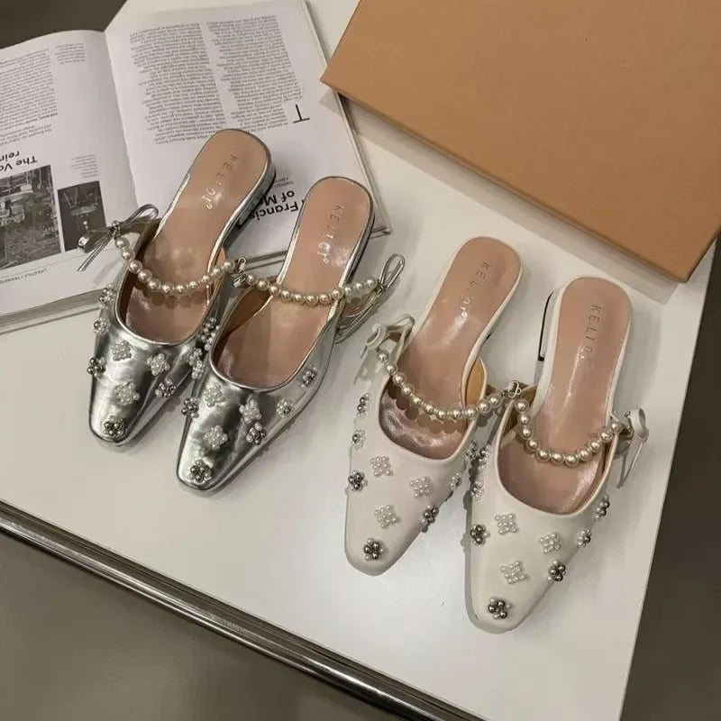 Futurecen  -  Sweet New Flat Muller Shoes Lazy Half Slippers Handmade Pearl Flower Decorative Women's Shoes