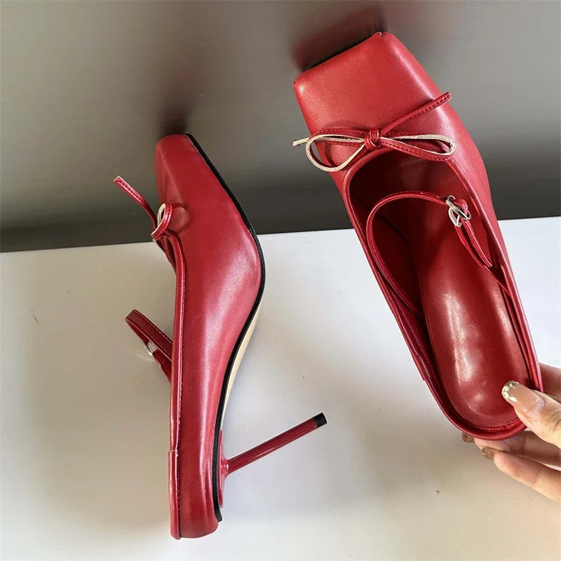 Futurecen  New Design Bowknot Square Toe Women Pumps Sexy Buckle Strap Thin High Heels Banquet Prom Mule Slippers Shoes