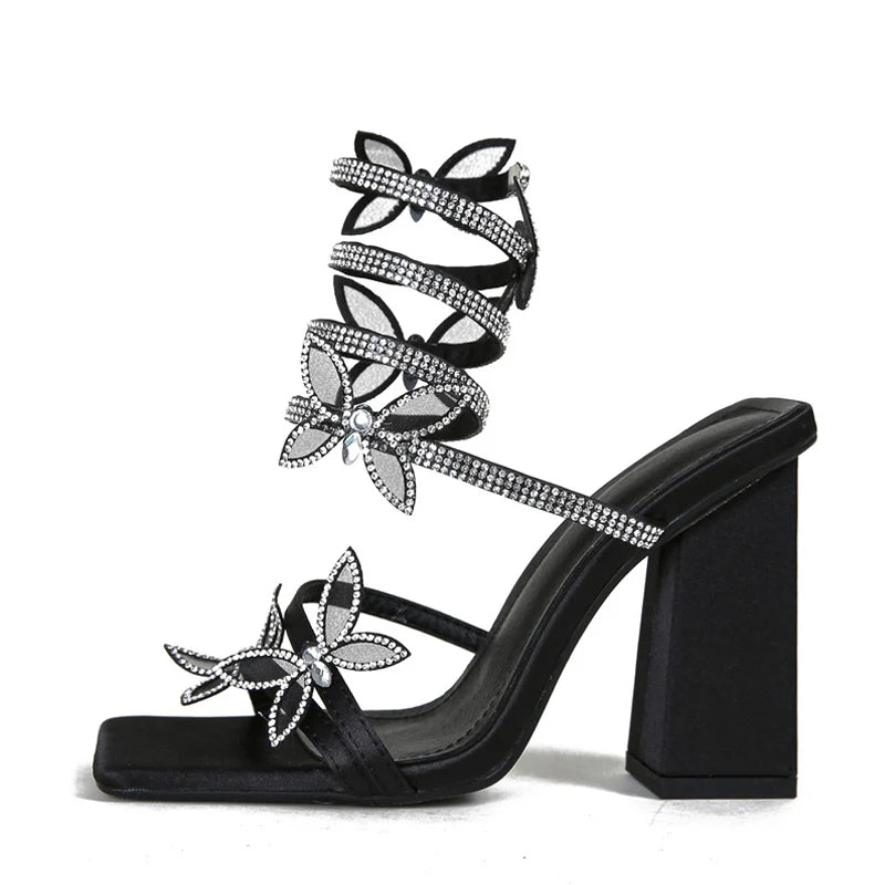 Futurecen Fashion Design Crystal Butterfly Snake Coiled Women Sandals Sexy Square Toe Chunky Thick Heels Summer Party Prom Shoes