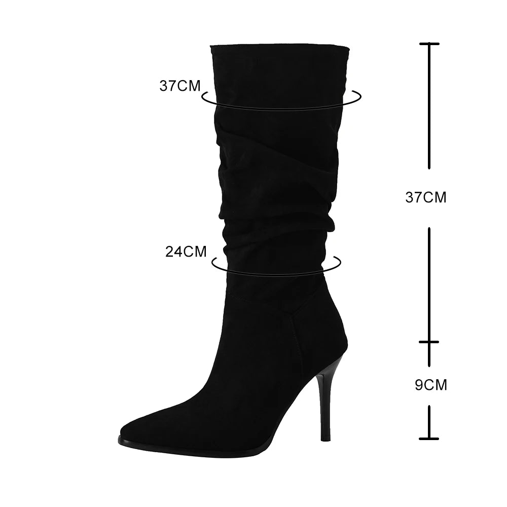 Futurecen Women Mid-Calf Boots Sexy Stilettos Heels Shoes Solod Color Women Short Boots Female Folds Slip On Boots Fashion Mujer Footwear