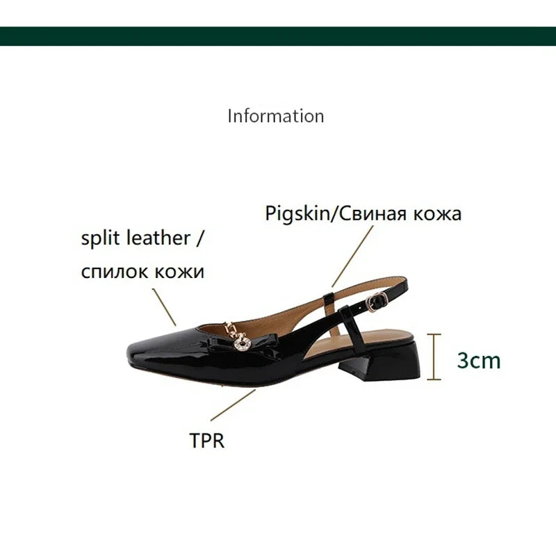 Futurecen  -  NEW Summer Women Sandals Square Toe Chunky Heel Shoes Patent Leather Shoes for Women Concise Cover Toe Slingback Handmade Shoes