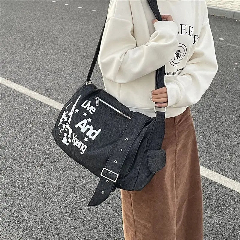 Futurecen  - fancy bags Women Vintage Letter Messenger Bags Denim Y2k Soft Crossbody Bag High Capacity Unisex School Bags Street Style Tote Handbag New