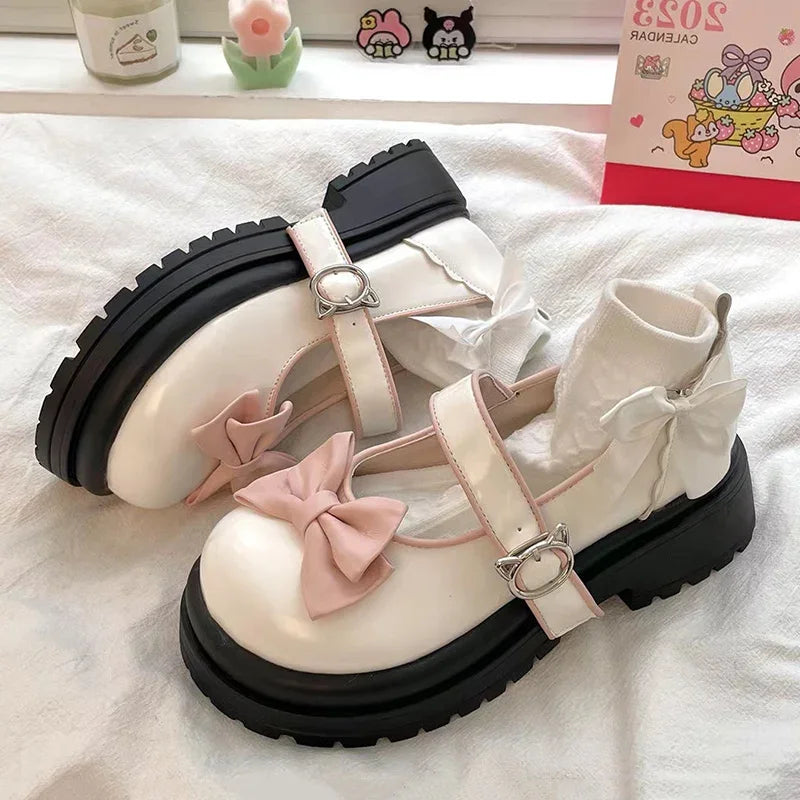 Futurecen Bows Lolita Shoes Kawaii Mary Jane Shoes Women Japanese Style Vintage Girls High Heel Platform Shoes College Student JK