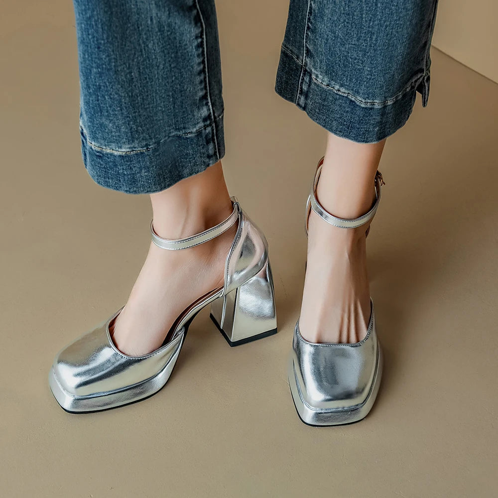 2024 New Gold Silver Platform Pumps Women Thick Heels Mary Jean Shoes Woman Square Toe High Heeled Shoes Ladies Mirror Pumps