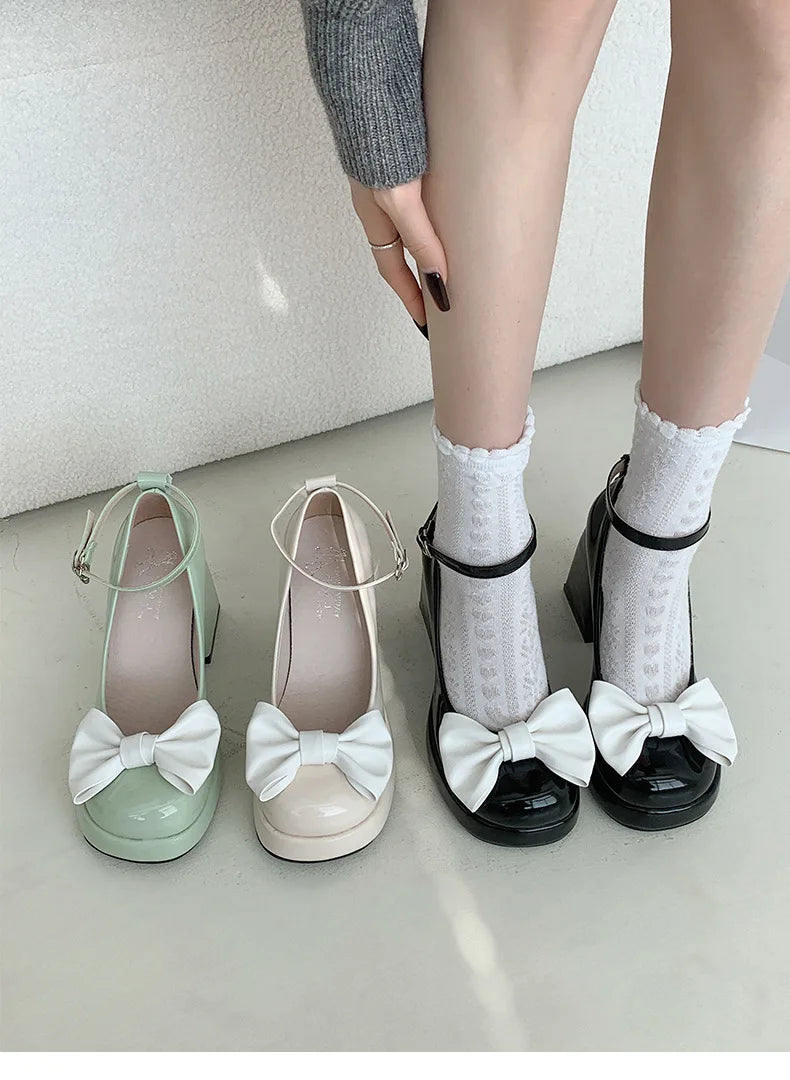 Futurecen Thick heels, high heels, women's spring and autumn new French Marijane shoes with bow  wedding shoes bride