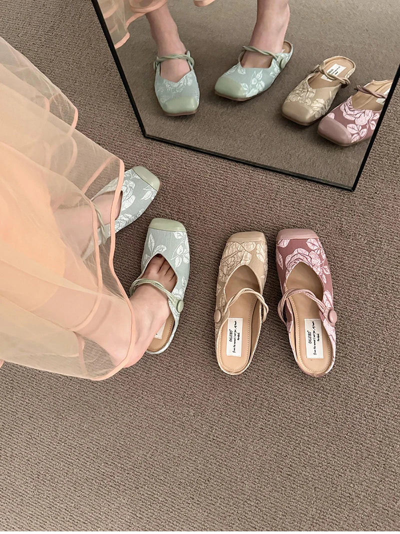 Luxury Summers Flower Women Mules Slippers Fashion Elegant Cover Toe Slides Shoes Ladies Outdoor Dress Flats Sandalias