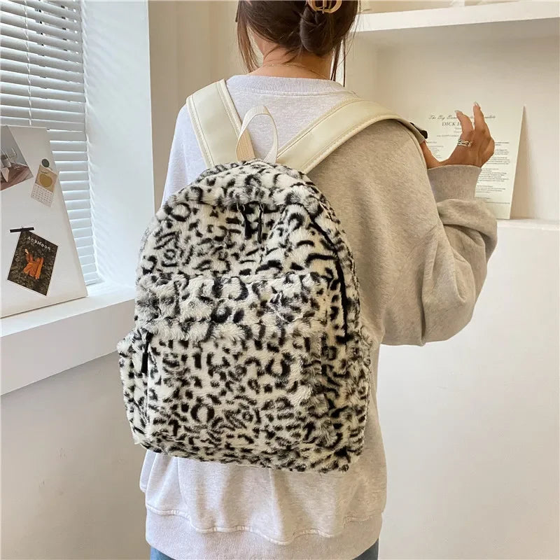 Futurecen  -  fancy bags New Simple High-capacity Leopard Plush Backpack Korean Preppy Fashion Casual Studeny Schoolbag Trendy Streetwear Hottie Bag