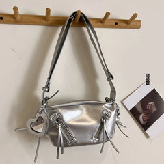 Futurecen  -  outfit ideas Y2K Punk Women Shoulder Bags Luxury Moto Style Zipper Crossbody Bolso Mujer New Silver Heart Mirror Designer Bag Female