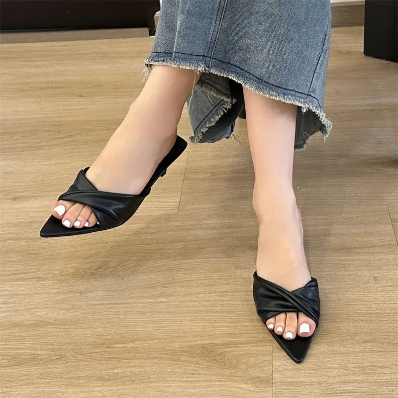 Futurecen Fashion Design Pleated Pointed Toe Women Slippers Elegant Thin Low Heels Summer Female Slide Shoes